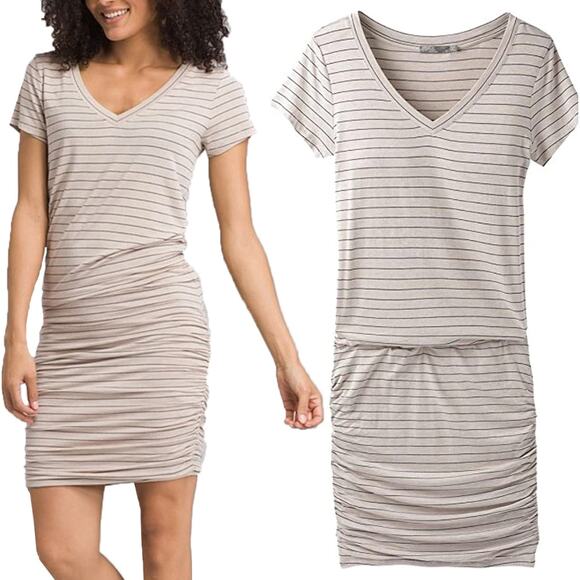 prAna Striped V Neck Midi T Shirt Dress Womens Size S Taupe Gray Ruched Stretch - Picture 1 of 7